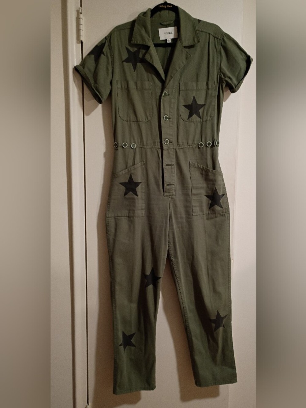 PISTOLA Star-Print Olive Green Utility Jumpsuit Like New - Picture 7 of 7